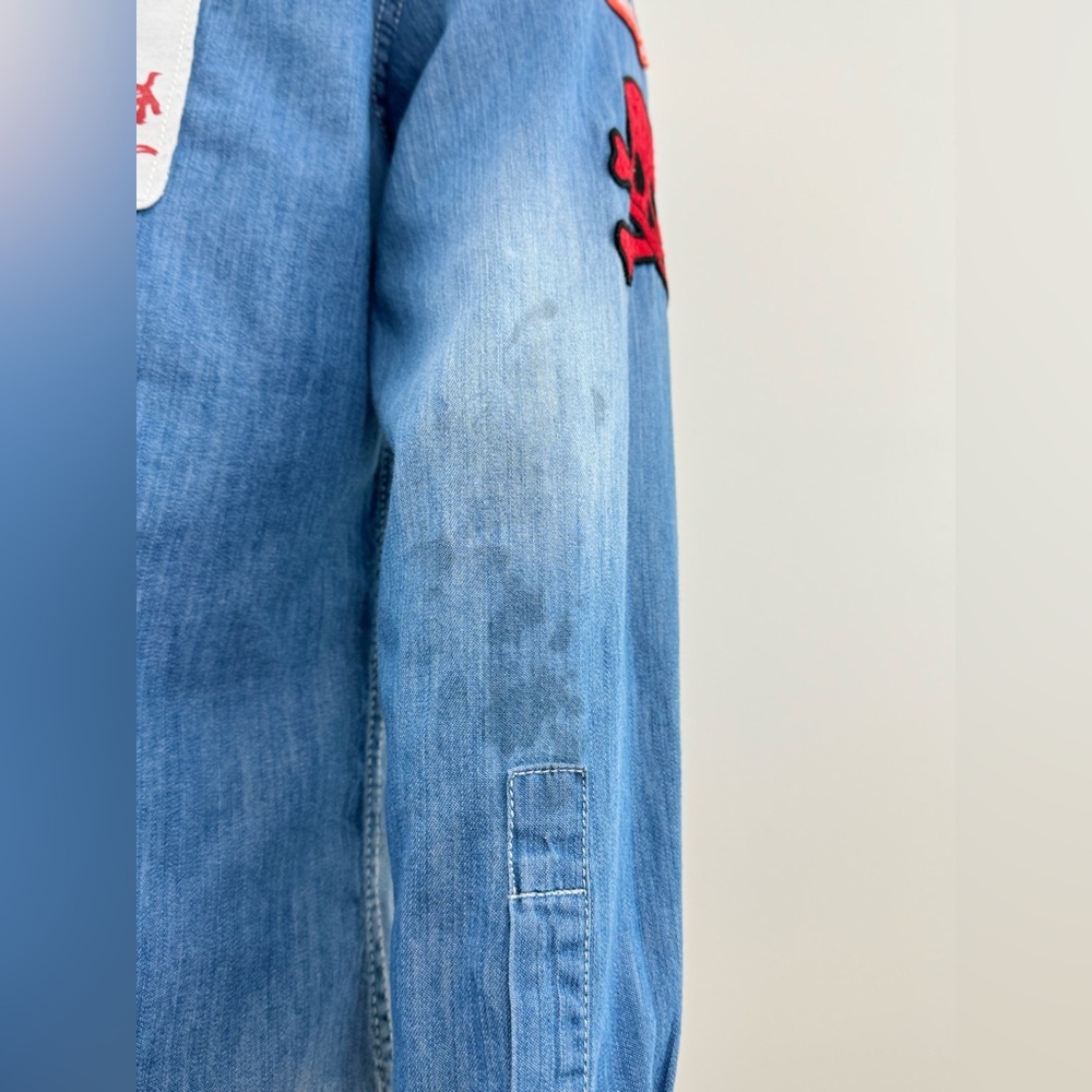 Men's Autark Long Sleeve Denim Like Button Shirt, Assorted Patches, Size Small - Picture 7 of 16